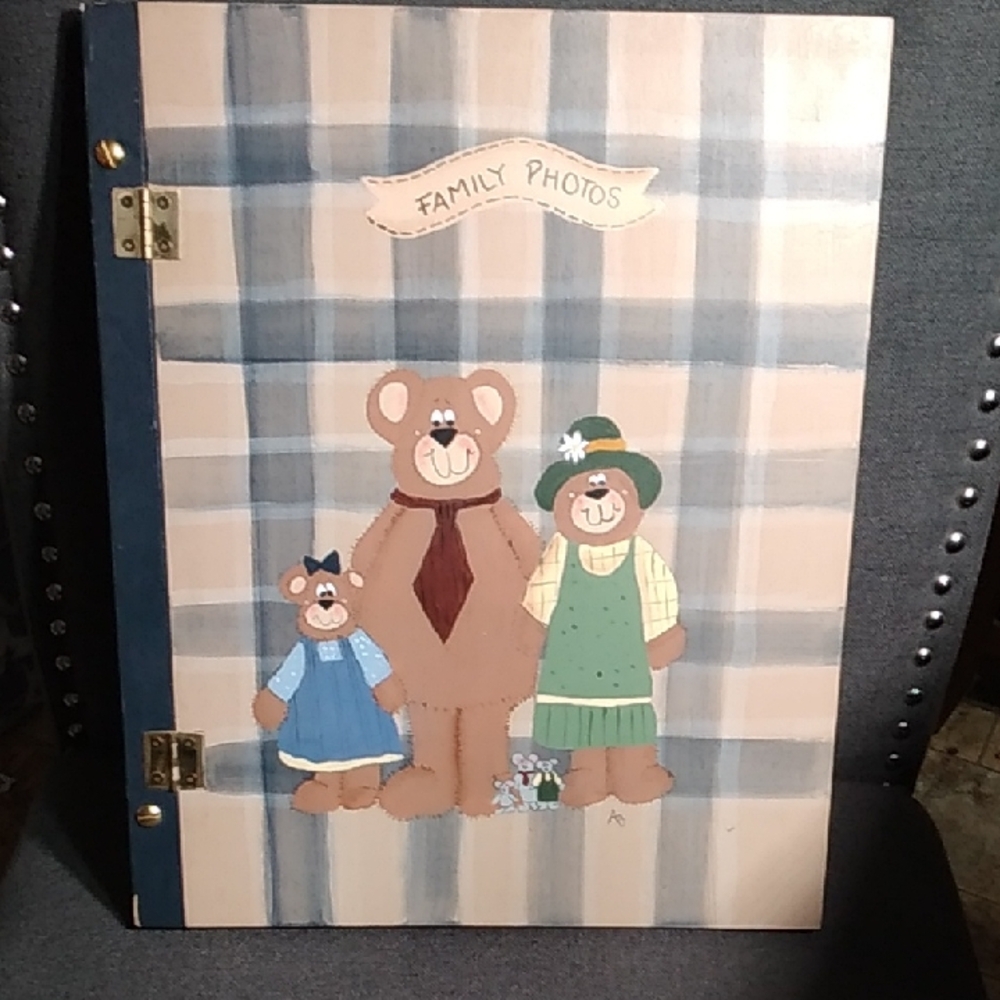 Homemade Wooden Plaid Family Photo Album with Bear Design